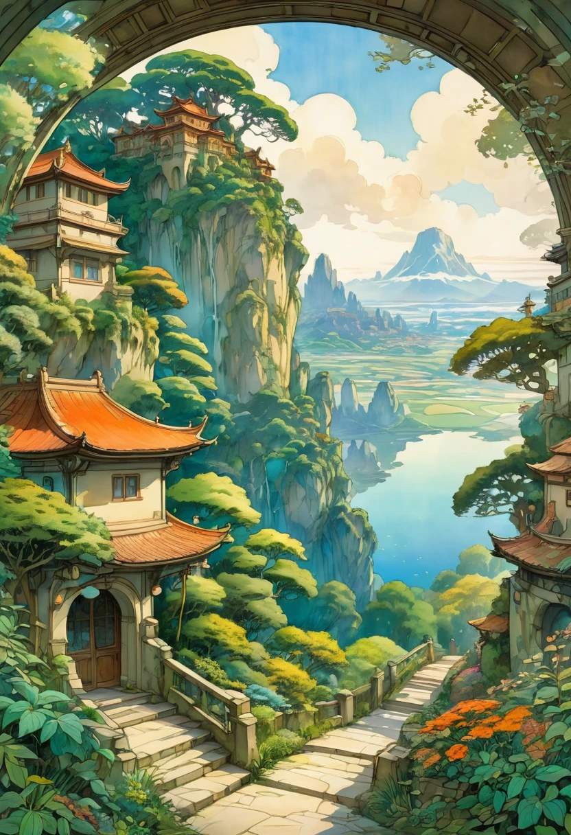Watercolor Landscape, by Studio Ghibli and Alphonse Mucha, best quality, masterpiece, very aesthetic, perfect composition, intricate details, ultra-detailed