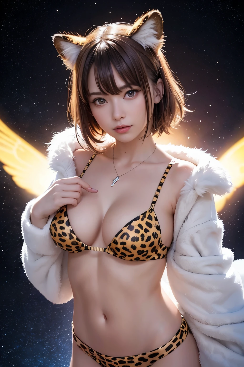 Cute woman, 21 years old, Cute little surreal leopard with different colored eyes wearing a necklace, Upper Body,Cowboy Shot,Little, Big Breasts, Lovely and fluffy, Fluffy fur,Animal handle, Logo Design, comics, Cinematic Lighting Effects, Charm, 3D vector art, Cute and quirky, Fantasy art, Bokeh, Hand-drawn, Digital Painting, Soft lighting, Isometric style, 4K resolution, Photorealistic rendering, Very Detailed and Clean, Vector Image, A photorealistic masterpiece, Professional photography,  Space Background, Flat white background, Men in the background, Isoscale, vivid vector