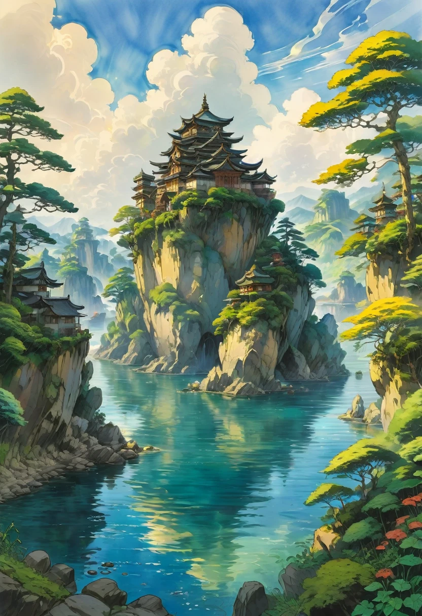 Watercolor Landscape, by Studio Ghibli, best quality, masterpiece, very aesthetic, perfect composition, intricate details, ultra-detailed