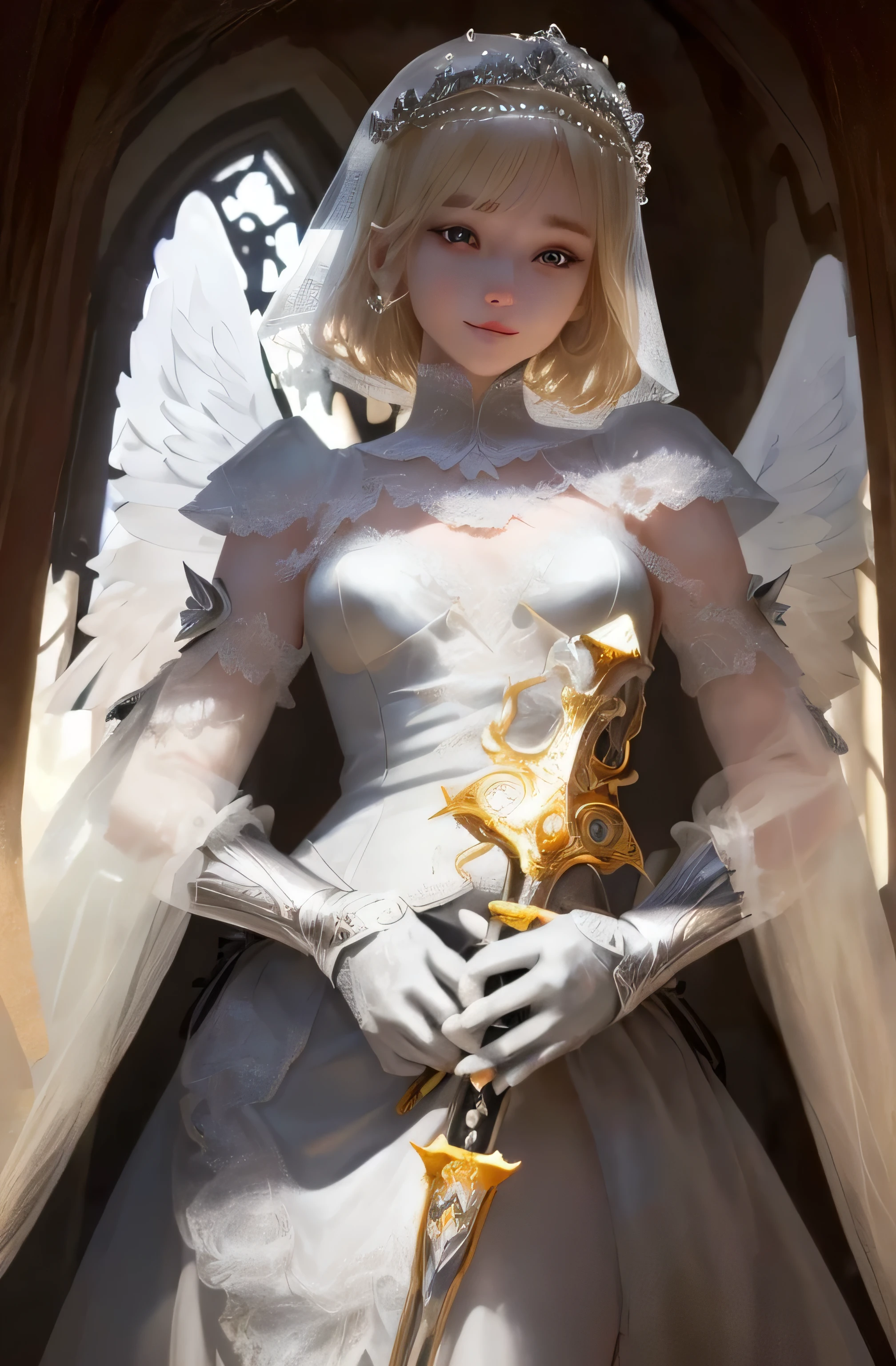 8K、Real Photo、Ultra-high resolution, Master Part, Best Quality, Ticker , Cinematic images,Amazingly cute girl、14talent、Anglo-Saxon、double eyelid、Droopy eyes、Very big eyes、Dark eyeshadow、The lips are very thin、The muscles of the nose stretch beautifully、Small nose tip,,,,, Very detailed , Blonde、Straight short hair、Smile、 Sweet expression 、Very beautiful woman、Long legs、 Very clear shadows , jewelry , sexy , Detailed eyes, Very complex, Glossy Skin , Perfect Brilliant, Perfect Lighting, Dramatic Shadows ,White tiara on head、Steel Armor、Small white angel wings behind shoulders 、Lace white gloves、Sword in hand、White see-through veil from the back of the head
