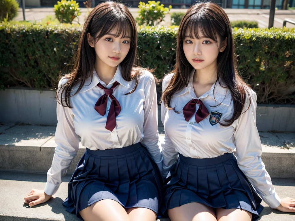 (RAW photo, 4k, masterpiece, high resolution, extremely complex) (realistic: 1.4), (NSFW), cinematic lighting
((2 girls, 2 schoolgirls)),Slam Dunk's,blushing,((innocent)),bright eyes,round eyes,blunt bangs,short bob hair, black hair color,black hair,large breasts,wide hips,Summer Noon, ,Hot, (Best Quality), (Highres), (an Extremely Delicate and Beautiful),(Beautiful 8k face),(Brown eyes),( spectators),(gigantic breasts),(Play with each other,Touching each other's bodies,Touching the body),(Japanese high school uniform:1.3),blue skirt,(reality),bright lighting,(The background is a luxury hotel room)