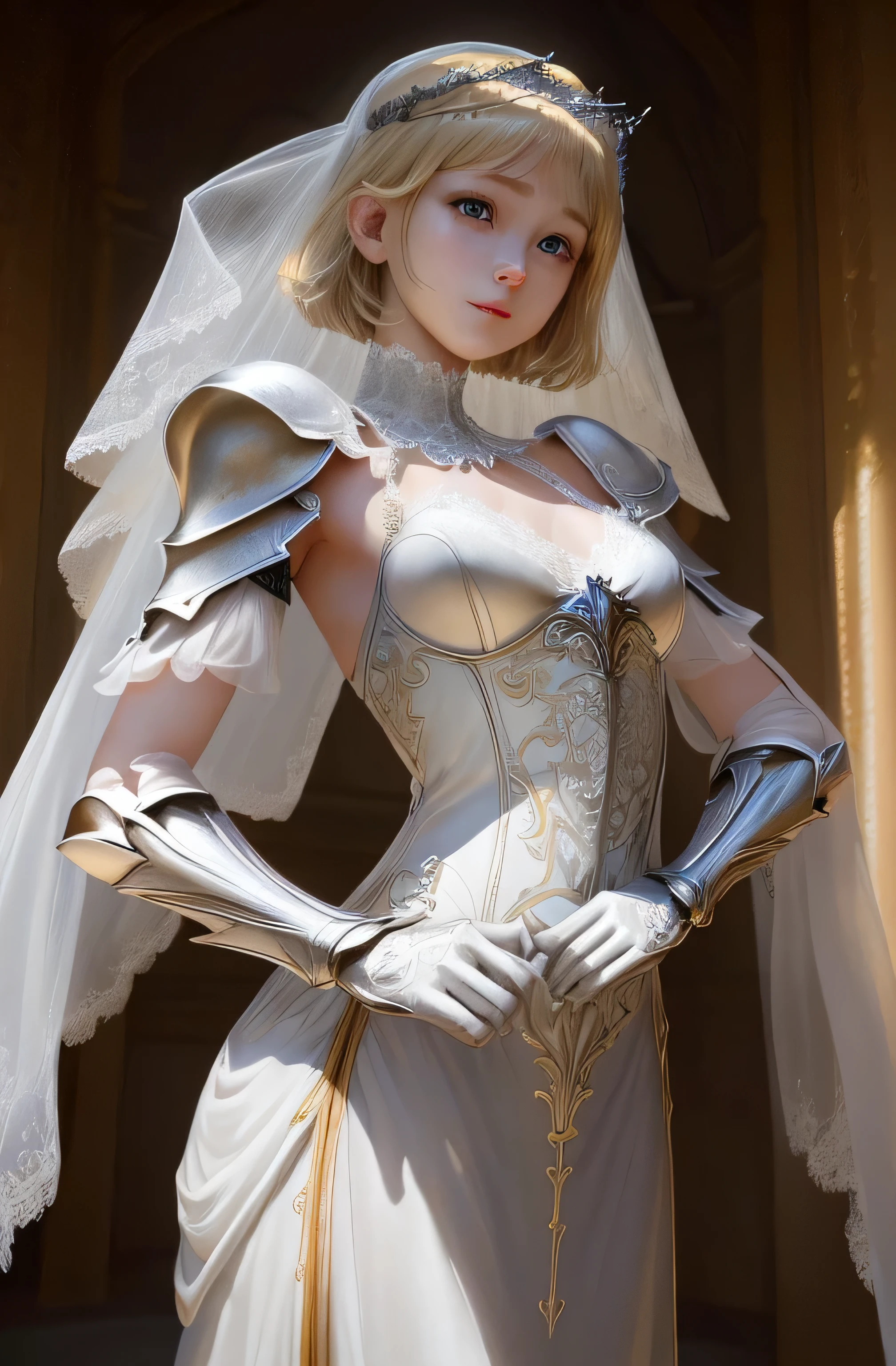 8K、Real Photo、Ultra-high resolution, Master Part, Best Quality, Ticker , Cinematic images,Amazingly cute girl、14talent、Anglo-Saxon、double eyelid、Droopy eyes、Very big eyes、Dark eyeshadow、The lips are very thin、The muscles of the nose stretch beautifully、Small nose tip,,,,, Very detailed , Blonde、Straight short hair、Smile、 Sweet expression 、Very beautiful woman、Long legs、 Very clear shadows , jewelry , sexy , Detailed eyes, Very complex, Glossy Skin , Perfect Brilliant, Perfect Lighting, Dramatic Shadows ,White tiara on head、Steel Armor、Small white angel wings behind shoulders 、Lace white gloves、Sword in hand、White see-through veil from the back of the head