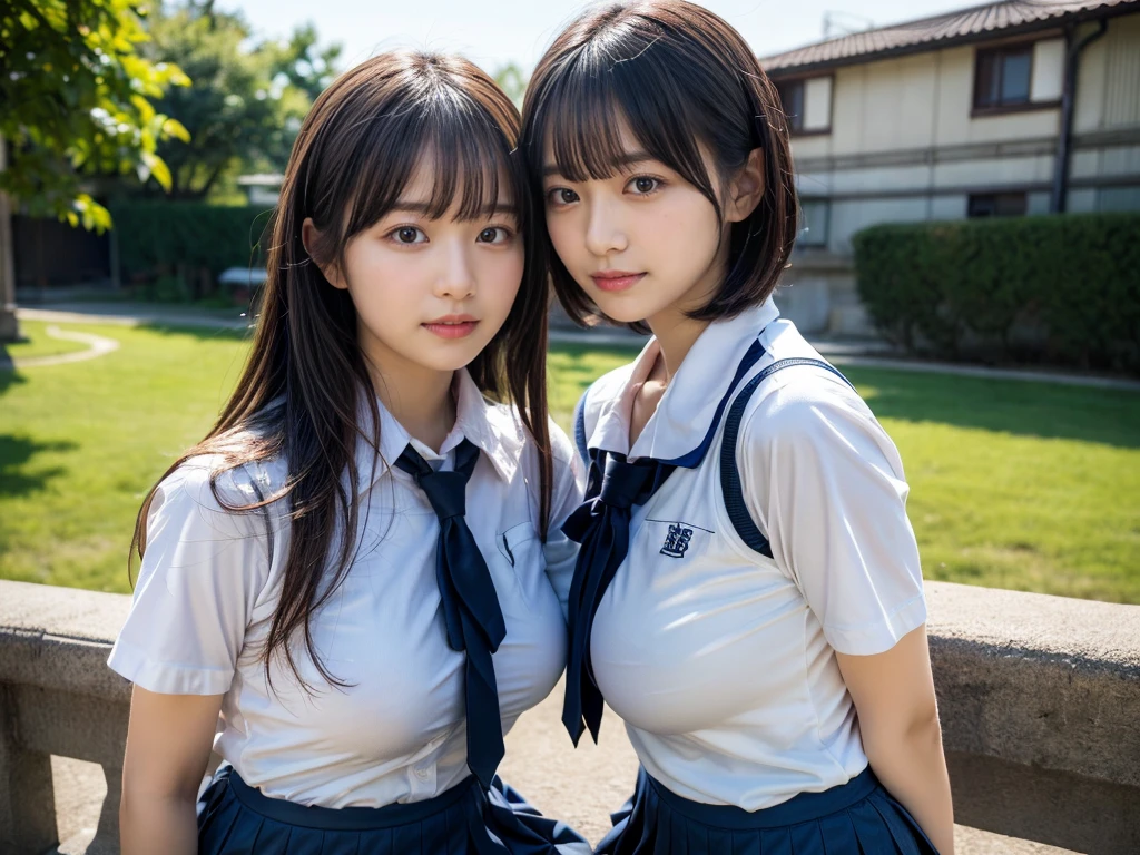 (RAW photo, 4k, masterpiece, high resolution, extremely complex) (realistic: 1.4), cinematic lighting
((2 girls, 2 schoolgirls)),Slam Dunk's,blushing,((innocent)),bright eyes,round eyes,blunt bangs,short bob hair, black hair color,black hair,large breasts,wide hips,Summer Noon, ,Hot, (Best Quality), (Highres), (an Extremely Delicate and Beautiful),(Beautiful 8k face),(Brown eyes),( spectators),(gigantic breasts),(Play with each other,Touching each other's bodies,Touching the body),(Japanese high school uniform:1.3),blue skirt,(reality),bright lighting,(The background is a luxury hotel room)