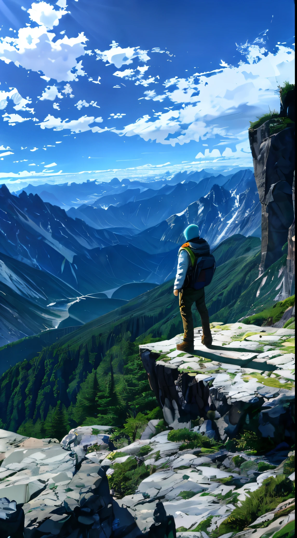 guy standing on a rock looking out over the mountains, on the top of a mountain, on top of a mountain, looking at the mountains, at the top of a mountain, in mountains, standing atop a dusty mountaintop, man standing facing away, standing alone, standing on mountain, sitting on rocks, high in mountains(man seeing greenery view)(bright blue shinning sky)(borkeh effect)