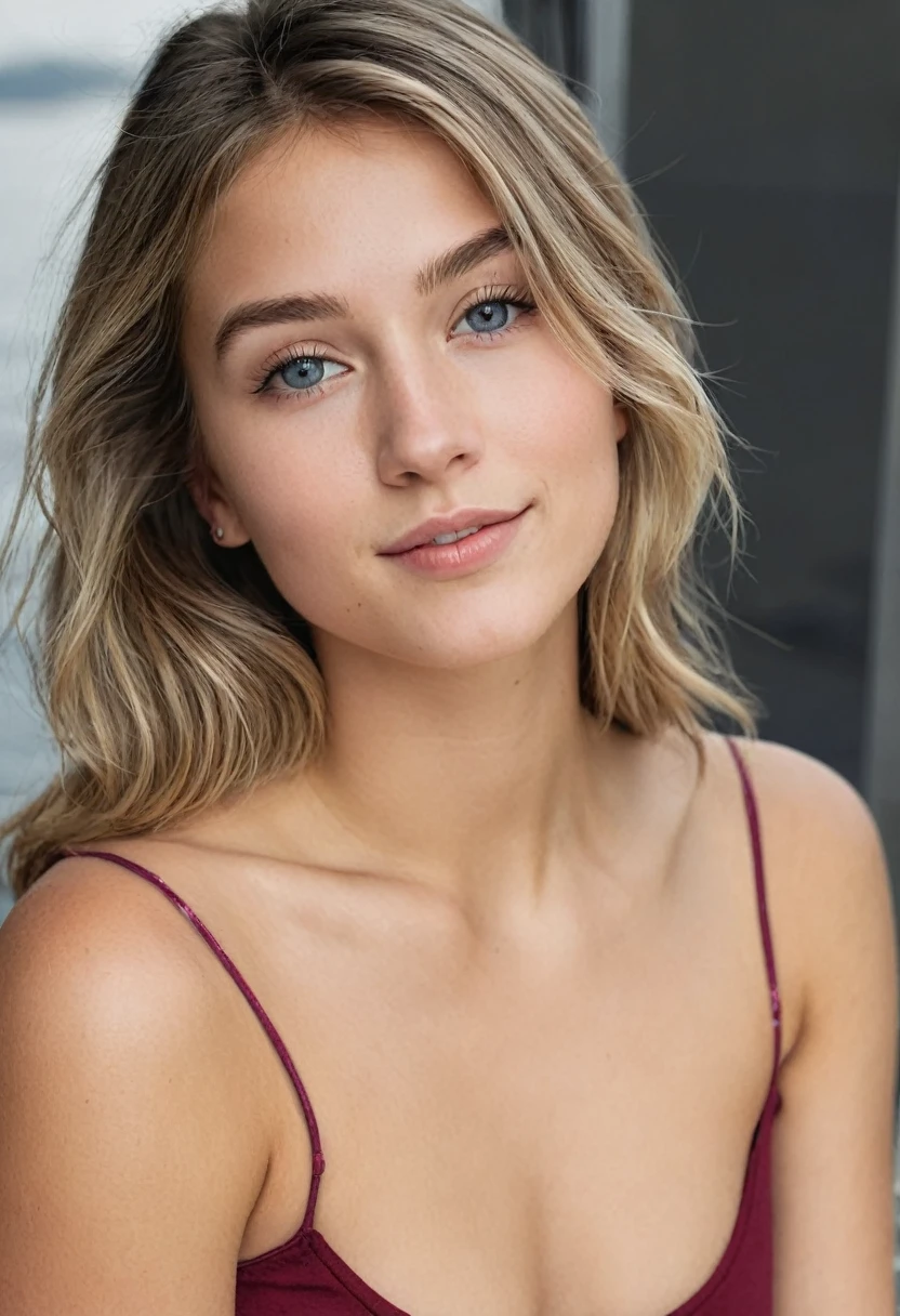 ;a beautiful norwegian ager, Petits seins, corps mince des coureurs, visage mince, robe complexe, souriant, natural lips, short blonde hair with side cut, yeux bleu-gris, Realism, digital painting, art conceptuel, lisse, Sharpness, Rule of thirds, Style-Psycho, Norwegian fjord in the background, natural light