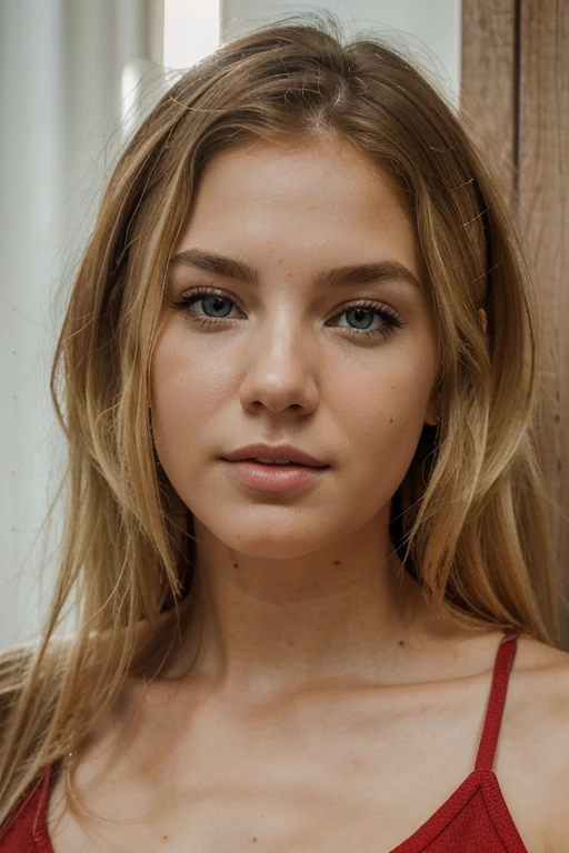close-up of face, front angle, (RAW photo, highest quality), (realistic, photorealistic), Jennifer Jones Caucasian girl, 25 years old, blonde, green eyes, beautiful and highly detailed face, fine face, face with fine features. haircut at the level of shoulders, punk style, loose hair, blonde hair, wearing short sleeveless blouse in red, at background the (California) San Francisco bay at afternoon