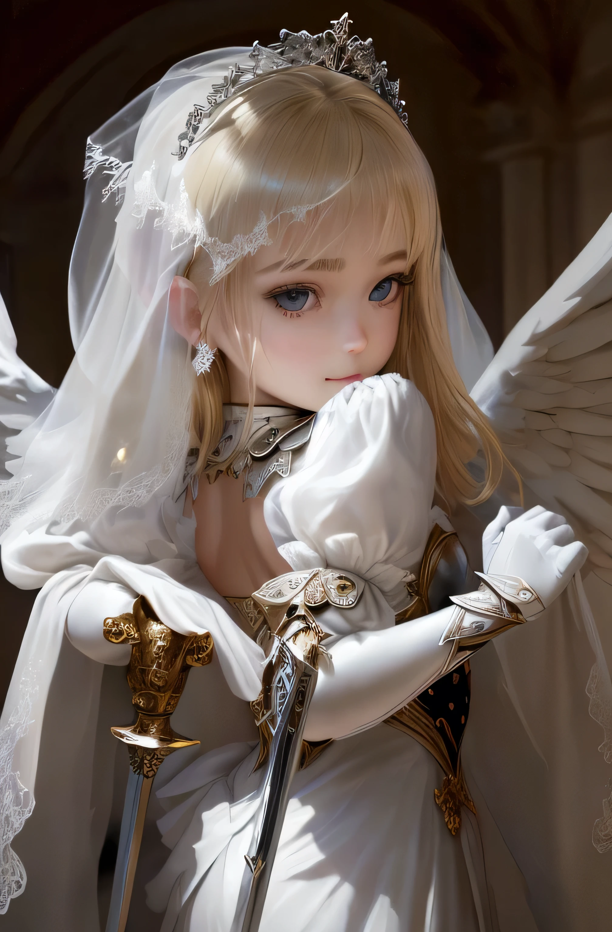 8K、Real Photo、Ultra-high resolution, Master Part, Best Quality, Ticker , Cinematic images,Amazingly cute girl、14talent、Anglo-Saxon、double eyelid、Droopy eyes、Very big eyes、Dark eyeshadow、The lips are very thin、The muscles of the nose stretch beautifully、Small nose tip,,,,, Very detailed , Blonde、Straight short hair、Smile、 Sweet expression 、Very beautiful woman、Long legs、 Very clear shadows , jewelry , sexy , Detailed eyes, Very complex, Glossy Skin , Perfect Brilliant, Perfect Lighting, Dramatic Shadows ,White tiara on head、Steel Armor、Small white angel wings behind shoulders 、Lace white gloves、Sword in hand、White see-through veil from the back of the head