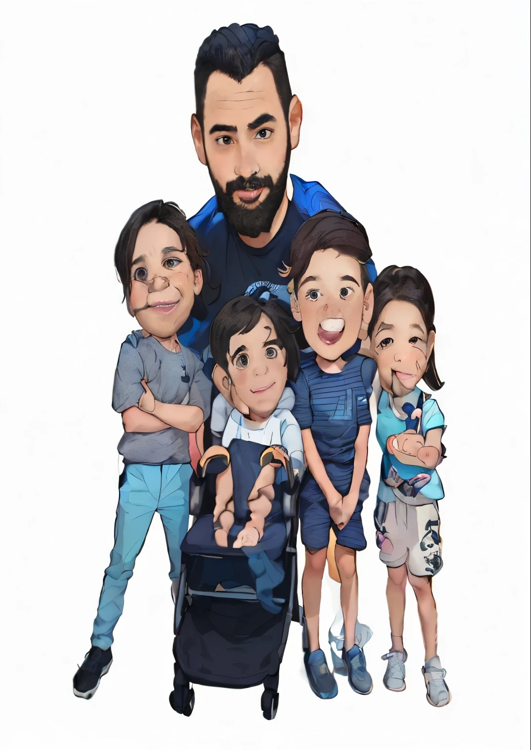 A family of 5 poses for a portrait with a strong man standing behind his 4 children(Gender from left to right: female, male, male, female), all smiling and looking at the camera. The adult male has a beard and is wearing a Sleeveless blue basketball jersey, He is a professional basketball player from Saudi Arabia, He put his arms around his children. The children range from toddler to young school age, dressed in casual clothing. The backdrop is plain white, emphasizing the family's joyful gathering. 1.(girl) The daughter on the first left has her hands crossed on her chest, showing a confident smile.2.(boy) The second on the left is a little boy sitting in a black stroller, showing a cute smile.3.(boy) The boy on the third puts his hands together and hangs down naturally, showing a smile.4.(girl) The fourth daughter from the right also crossed her hands on her chest and showed a happy smile.The scene is filled with the colors and vibrancy of American anime style, artistically inspired