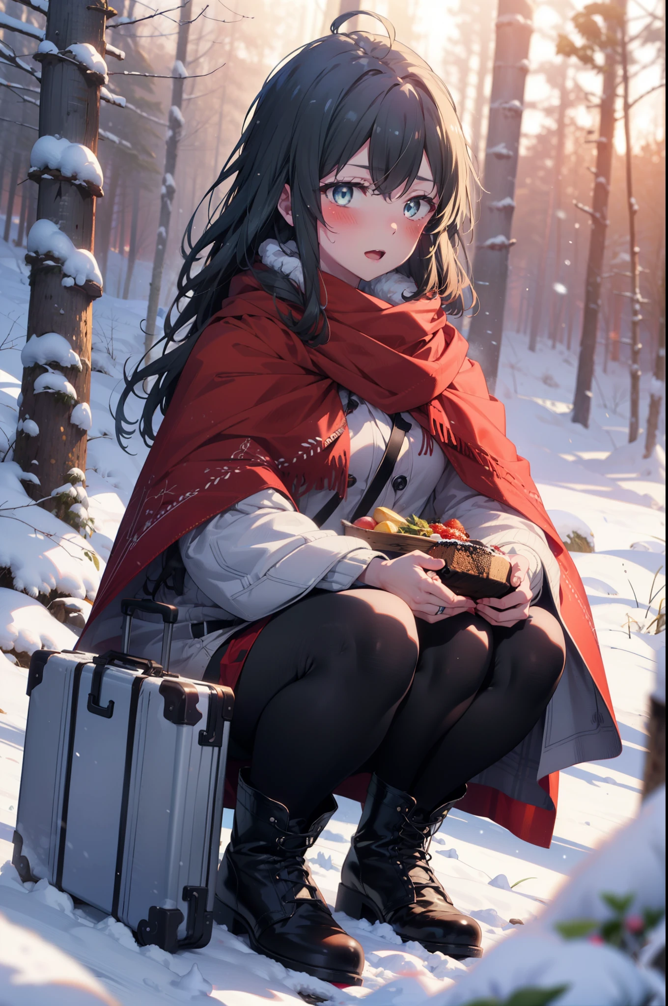 yukinoyukinoshita, yukino yukinoshita, Black Hair, blue eyes, Long Hair, Ahoge,smile,blush,White Breath,
Open your mouth,snow,Ground bonfire, Outdoor, boots, snowing, From the side, wood, suitcase, Cape, Blurred, Increase your meals, forest, White handbag, nature,  Squat, Mouth closed, フードed Cape, winter, Written boundary depth, Black shoes, red Cape break looking at viewer, Upper Body, whole body, break Outdoor, forest, nature, break (masterpiece:1.2), highest quality, High resolution, unity 8k wallpaper, (shape:0.8), (Beautiful and beautiful eyes:1.6), Highly detailed face, Perfect lighting, Highly detailed CG, (Perfect hands, Perfect Anatomy),