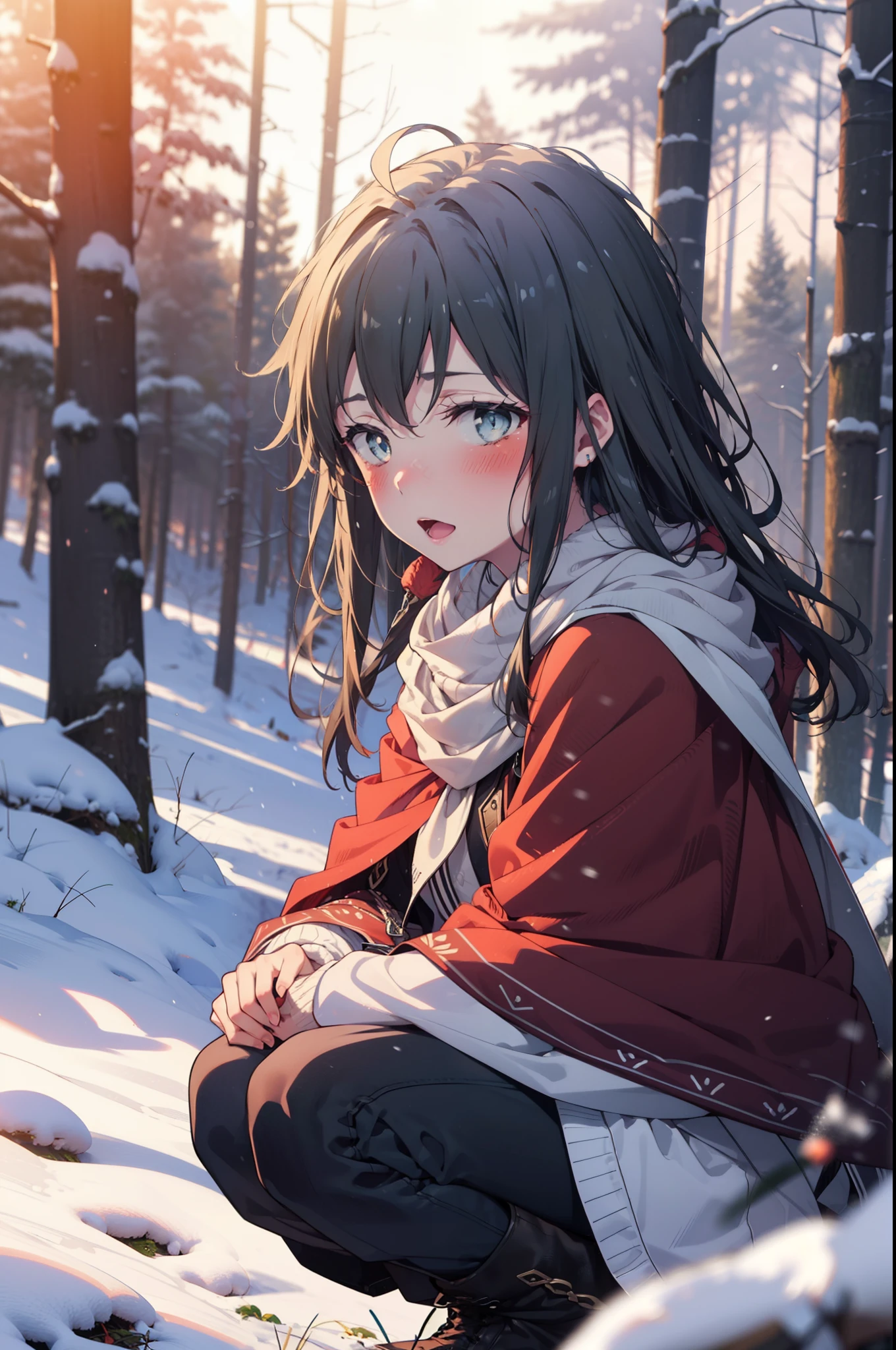 yukinoyukinoshita, yukino yukinoshita, Black Hair, blue eyes, Long Hair, Ahoge,smile,blush,White Breath,
Open your mouth,snow,Ground bonfire, Outdoor, boots, snowing, From the side, wood, suitcase, Cape, Blurred, Increase your meals, forest, White handbag, nature,  Squat, Mouth closed, フードed Cape, winter, Written boundary depth, Black shoes, red Cape break looking at viewer, Upper Body, whole body, break Outdoor, forest, nature, break (masterpiece:1.2), highest quality, High resolution, unity 8k wallpaper, (shape:0.8), (Beautiful and beautiful eyes:1.6), Highly detailed face, Perfect lighting, Highly detailed CG, (Perfect hands, Perfect Anatomy),