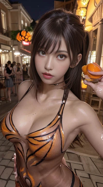 ((Realistic lighting, highest quality, 8k, masterpiece: 1.3)), Clear focus: 1.2, 1 girl, Perfect body beauty: 1.4, Slim Abs: 1.1, ((Dark brown hair, Big Breasts: 1.3)), (Finished with body paint，Body Painting Costume, transparent_Arabesque Mandarin dress with deep slit : 1.4), (outside, Night view: 1.1),Chinatown，Yokohama，Body Paint Dresses， whole body, Long legs, Highly detailed face, Fine Eyes, double eyelid