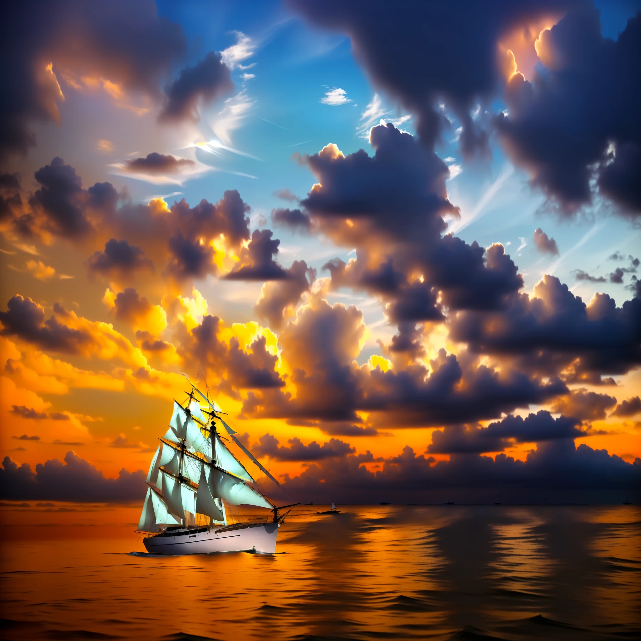 a large sailboat sailing on a calm ocean under a cloudy sky, papel de parede - 1 0 2 4, veleiro, veleiro no fundo, Papel de parede HD, veleiros, navio no mar, velas rasgadas, navios com velas, great amazing composition, em um fundo de navio pirata, cena surreal, dramatic nautical scene, zarpar, inspirado em Ivan Aivazovsky