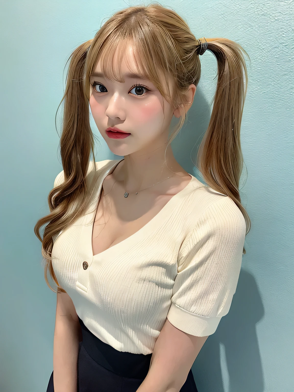 one person、Blonde、whole body photos、Yellow polo shirt、Cleavage、Red mini skirt、fun、Blonde、13 years old、whole body、slender、woman、White drool coming out of the mouth、Twin tails、 Fair skin,Super cute、Soft and Face、Brown Hair、8K resolution、Surreal、Ultra high definition、 Soft Body、A-cup small breasts（（Highest resolution、8k、masterpiece：1.3））、Ultra-fine face、Ultra Fine Lips、Beautiful Eyes、double eyelid,Slender figure、I can see your thighs、Shapely small breasts、Light blue wall、Looking at the viewer with his back turned、Stick your butt out、sexy