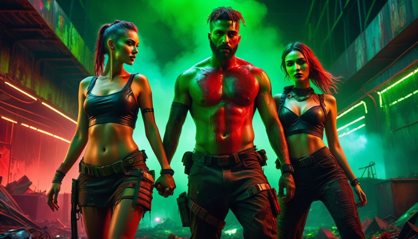 A post-apocalyptic couple looking at the camera, celebrating and dancing, bright red and green colors, highly detailed, cinematic, dramatic lighting, photorealistic, 8k, best quality, masterpiece, intricate details, vibrant colors, dynamic composition, expressive poses, beautiful Faces, exquisite fashion, atmospheric atmosphere, dark and dirty, neon lights, (fortification rusty, toxic green waste, polluted, background), futuristic technology, environmental storytelling, perfect face and body, detailed faces