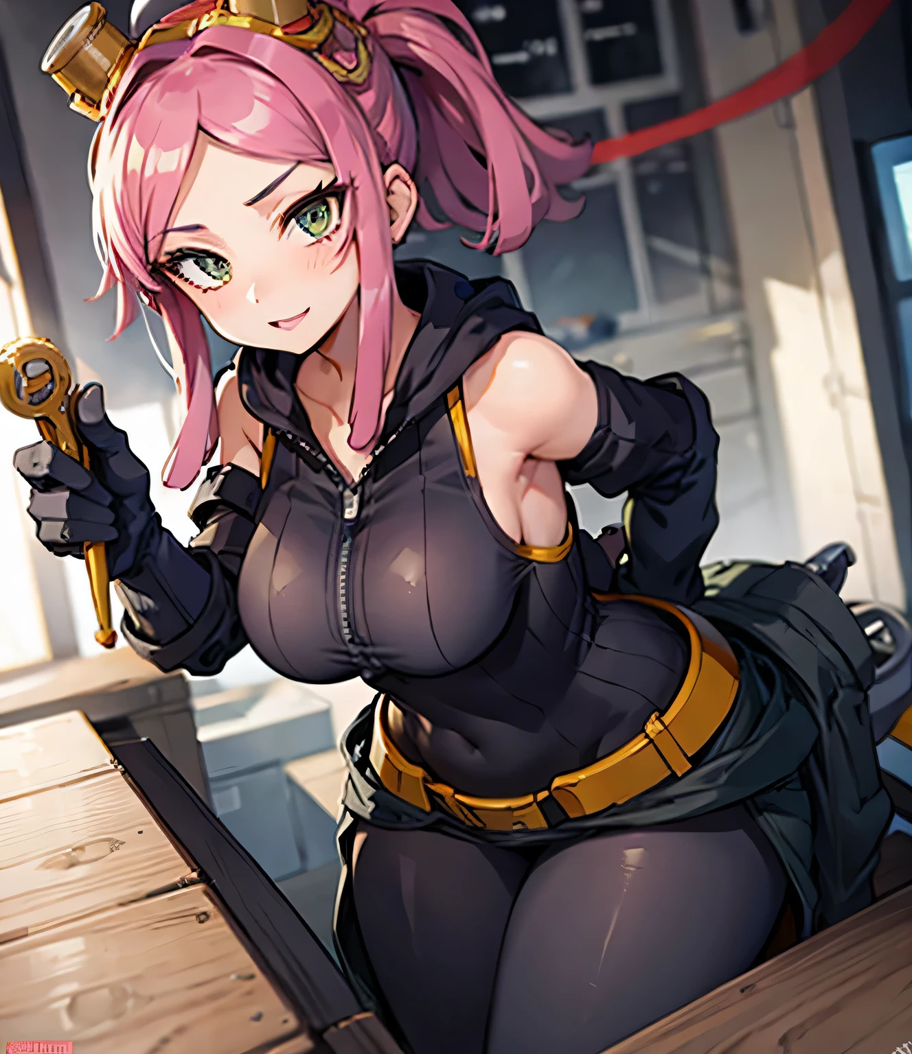 Hatsume Mei from my hero academia , 19 years old, large breasts, triple D cup breasts, sexy, horny, round buttocks, bubbly buttocks, fit and strong, slender body, plump lips, welding equipment, tools, workshop, big wrench 