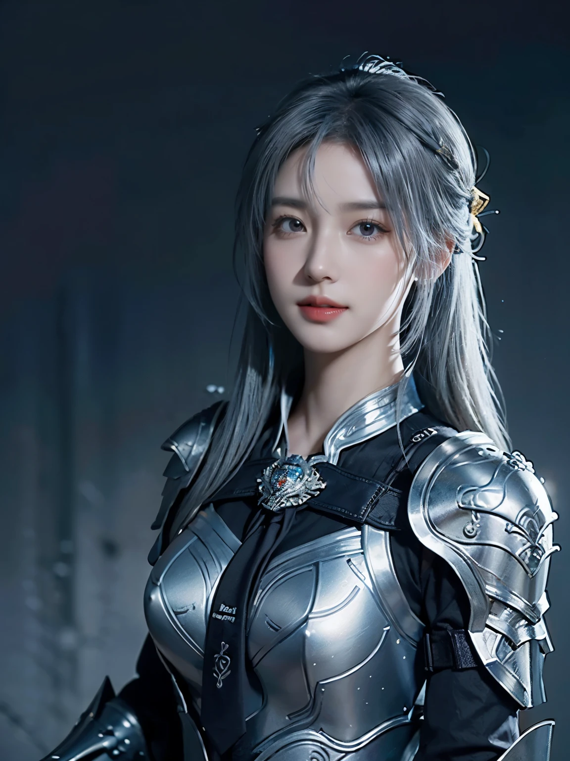 masterpiece,highest quality,High resolution,8k,Original photo,Actual photo,Ancient city wall battleField background,((Field:1.8)),Digital photography,(Female generals on the battleField in the Han Dynasty),18-year-old girl,(Long ponytail hairstyle),Lips parted,Full and firm breasts,noble and charming,Elegant and authentic,(Thick silvery fish scale armor),Blue by Capelet,((Tie your hair high,Gray Hair)),White metal and red leather combination,A chest covered in gold armor,Metallic luster,leather buckle,Exquisite pattern,mysterious badge,cool and gorgeous chest)),Chest groove,Romance of the Three Kingdoms figure painting style,Photo pose,oc rendering reflection texture,Overcast weather,Cute Smile,Heads-up shot,