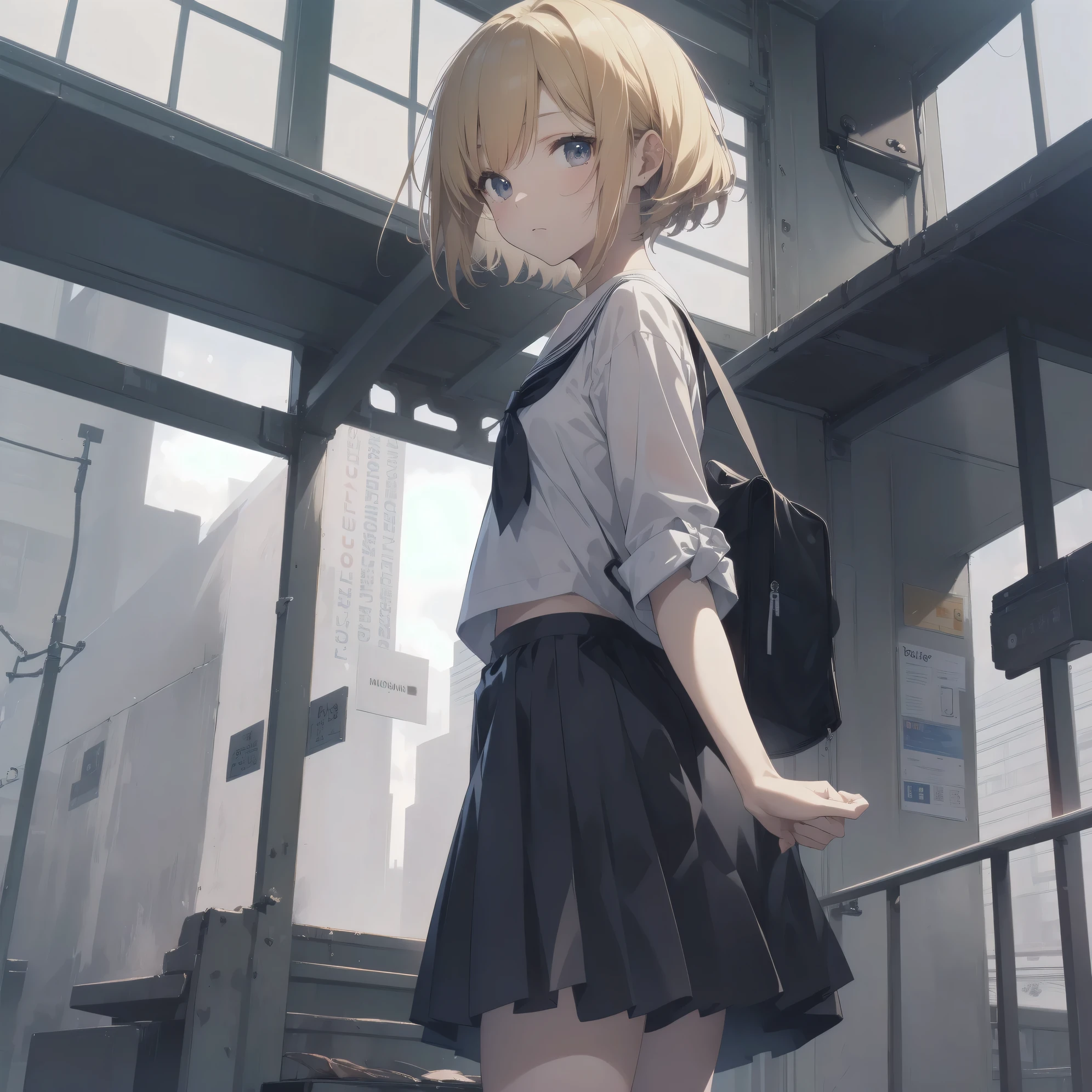 ultra-absurdres-Top quality by artist God, ultra-detailed, high resolution, anime moe artstyle, best anime 8k konachan wallpaper, pixiv contest winner, pool:2810, perfect anatomy,break, 1girl, (Please draw a girl walking sleepily to school alone. )break,(Solo,little female, 13-year-old:1.3),Full limbs, complete fingers,a junior high school student, (very short hair), short cut, flat chest, , small butt, small black eyes, beautiful detailed eyes, well-proportioned iris and pupils, expressive eyes, highres detailed hair, soft expression, salor school_uniform, sailor collar, serahuku, bow, pleated skirt,(Detailed Lighting), (Detailed background), in the School commute route. break,super detailed skin, Best cinematic lighting powered by famous artist, 8k,beauty illustration,photoshop_(medium),very aesthetic,break,((artist:hisona_(suaritesumi) )), artist:clamp ,artist:carnelian ,artist:kantoku ,