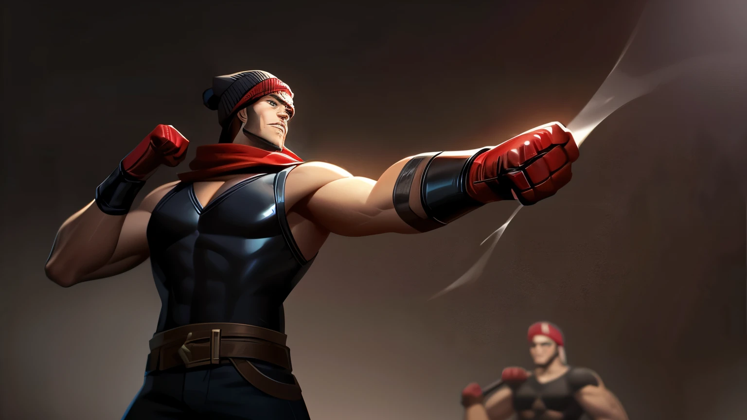 splash art punching league of legends style male sett heartsteel, muscular man leather vest with cur collar, red short hair with beanie and cat ears, street wear figerless leather gloves, main colors are black and yellow, alot of straps