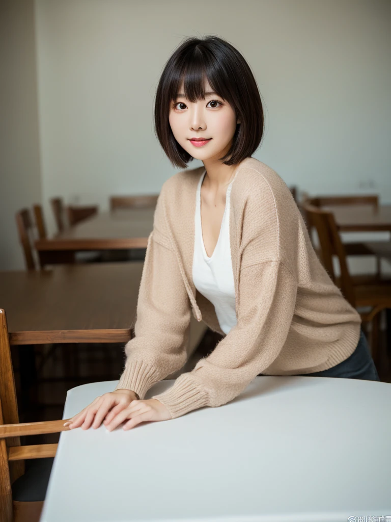 ((Tabletop,highest quality)), (Like the picture:1.4),((Tabletop,8k)),High resolution,Studio Soft Light, Rim Light, Vivid details, Realistic skin texture,Japanese, 1. Beautiful Women, short hair, Wavy Hair, Faint, thin bangs, compensate, 38 years, Detailed skin, cardigan, Wide leg pants, White Background, White Room,White wall, Full body photo, View Viewer