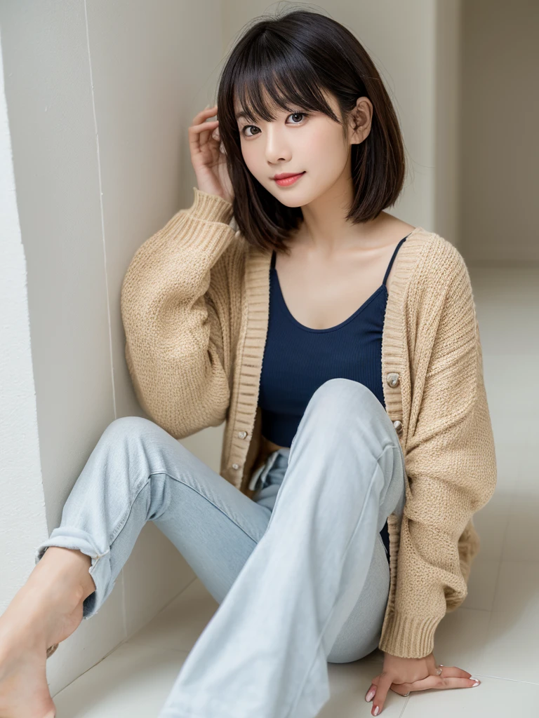 ((Tabletop,highest quality)), (Like the picture:1.4),((Tabletop,8k)),High resolution,Studio Soft Light, Rim Light, Vivid details, Realistic skin texture,Japanese, 1. Beautiful Women, short hair, Wavy Hair, Faint, thin bangs, compensate, 38 years, Detailed skin, cardigan, Wide leg pants, White Background, White Room,White wall, Full body photo, View Viewer