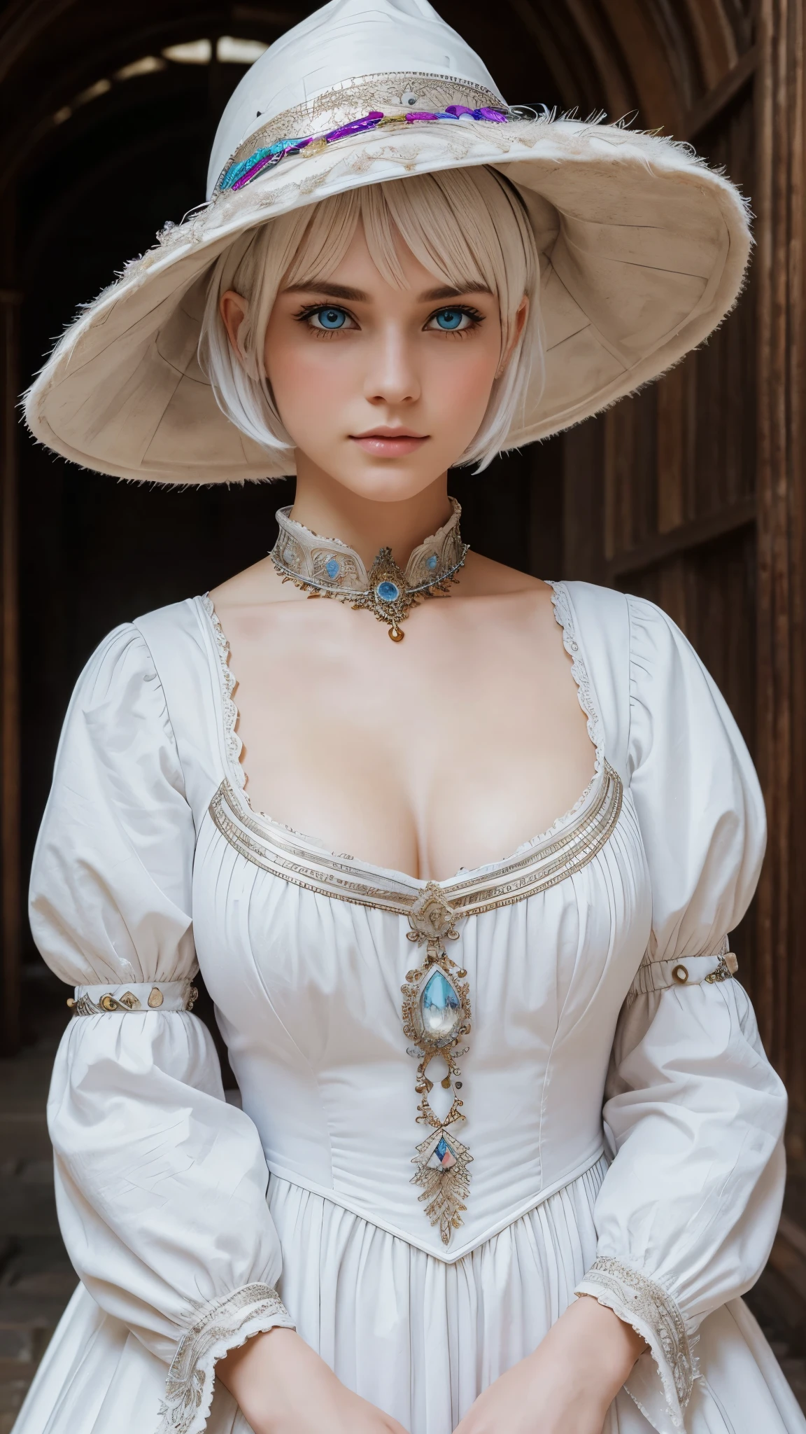 (masterpiece), (work of art), (amazing work), (detailed eyes), (delicate skin), (heterochromatic eyes), (multicolored), (short white hair with bangs), (sparkling eyes), (1girl) with witch's hat, ancient, old, wearing extravagant medieval clothes, masterpiece, best quality, best desinger, best illustration