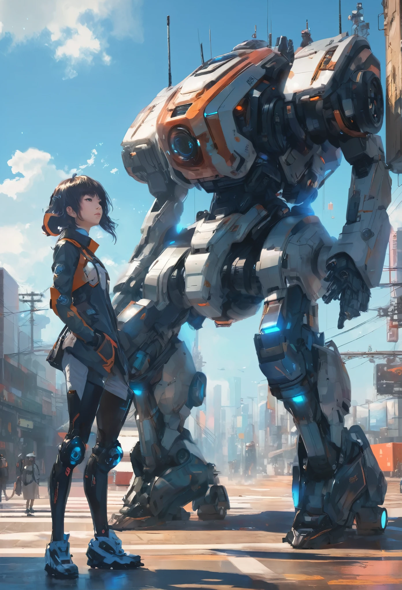 anime boy with futuristic flight suit standing next to giant robot, artwork in the style of guweiz, cyberpunk anime  mech, trending on cgstation, guweiz, by Russell Dongjun Lu, digital cyberpunk anime art, ross tran 8 k, guweiz on artstation pixiv,  mecha cyber armor