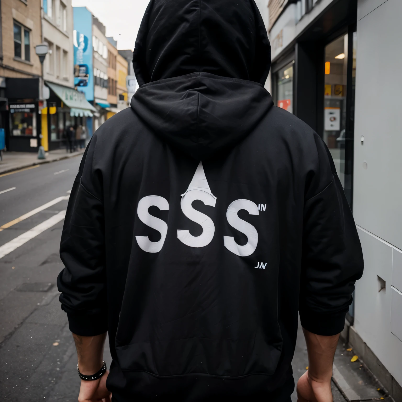 A man with black hoodie and 'S' is printed in the back of the hoodie