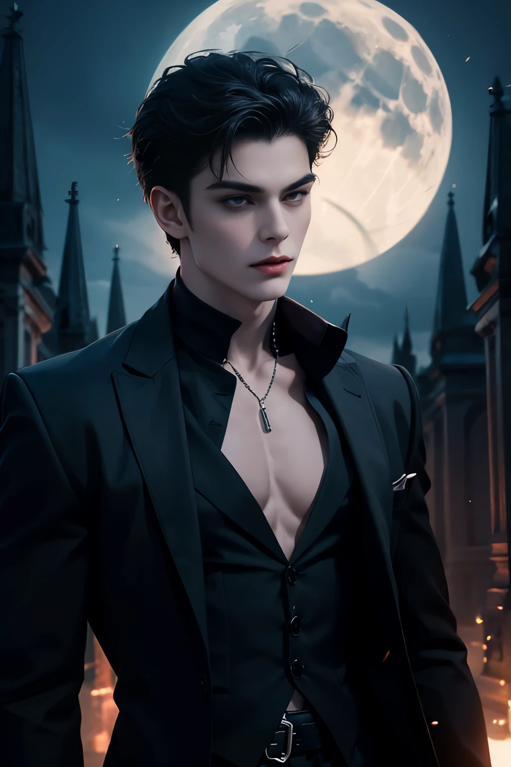 ((Best quality)), ((masterpiece)), 8k (detailed), ((perfect face)), perfect proporcions, ((halfbody)) he is a handsome vampire, he is 18 years old, he has black hair, gothic clothes, corset, bare chest, he extends his arms to his sides, he walks forward, there is a full moon behind him,There is a cemetery behind him ((perfect face)) ((vampire ambience)) night sky