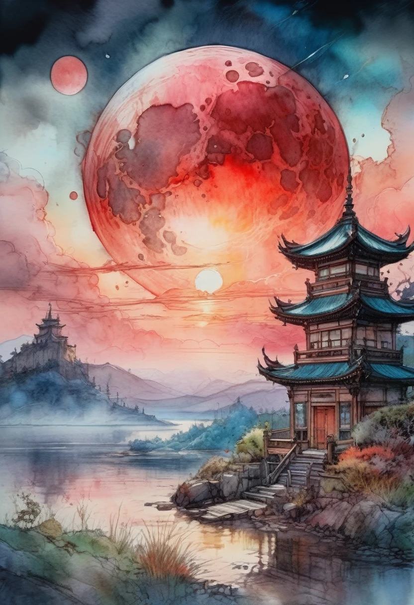 Watercolor Landscape, bloodmoon watercolor vibrant colors, landscape, bloodmoon Digital watercolor Illustration of a summerscape sunset, by JB, Waterhouse, Carne Griffiths, Minjae Lee, Ana Paula Hoppe, Stylized watercolor art, Intricate, Complex contrast, HDR, Sharp, soft Cinematic Volumetric lighting, flowery pastel colours, wide long shot, perfect masterpiece, detailed matte painting, deep color, fantastical, intricate detail, splash screen, complementary colors, fantasy concept art, 8k resolution trending on Artstation Unreal Engine 5, traditional media,watercolor \(medium\),pencil \(medium\),paper \(medium\),painting \(medium\),