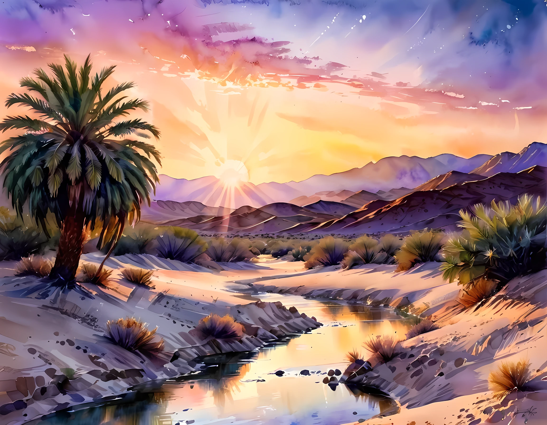 traditional watercolor painting (water color art: 1.5), an award wining, water color art, of an oasis (masterpiece, best detailed, best quality: 1.4) in the desert at sunset, there are some palm trees, and a small spring of water (masterpiece, best detailed, best quality: 1.4), it is the time between night and day, there are some stars in the sky, and the sun is about to rise, the sky are in shades of, night, yellow and purple, first sun rays of dawn, rolling desert hills in the background, dynamic range, ultra wide shot, photorealism, depth of field, hyper realistic