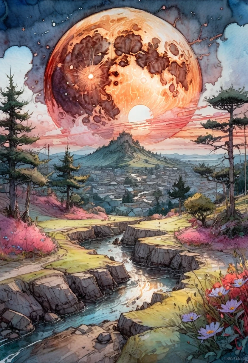 Watercolor Landscape, bloodmoon watercolor vibrant colors, landscape, bloodmoon Digital watercolor Illustration of a summerscape sunset, by JB, Waterhouse, Carne Griffiths, Minjae Lee, Ana Paula Hoppe, Stylized watercolor art, Intricate, Complex contrast, HDR, Sharp, soft Cinematic Volumetric lighting, flowery pastel colours, wide long shot, perfect masterpiece, detailed matte painting, deep color, fantastical, intricate detail, splash screen, complementary colors, fantasy concept art, 8k resolution trending on Artstation Unreal Engine 5, traditional media,watercolor \(medium\),pencil \(medium\),paper \(medium\),painting \(medium\),