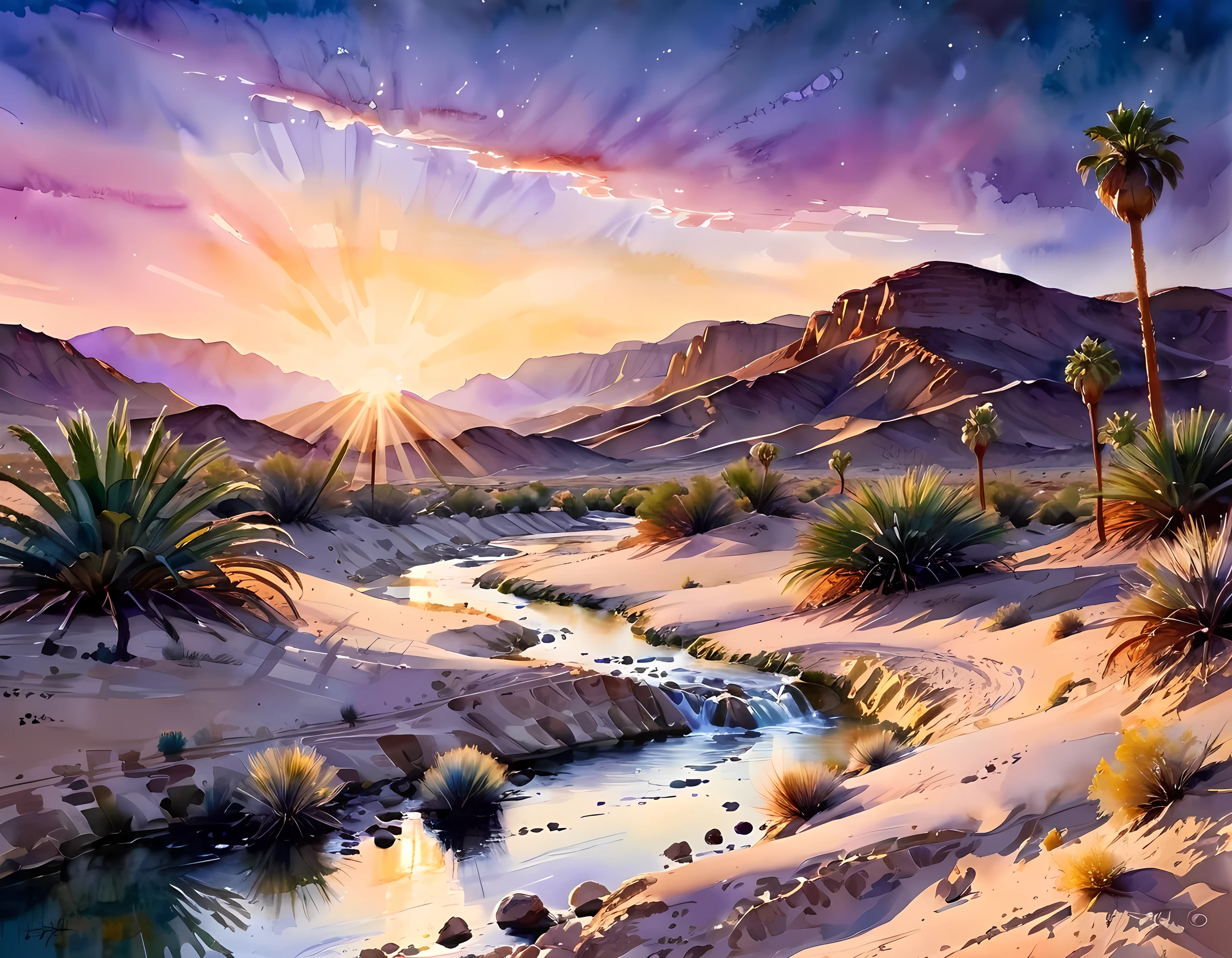 traditional watercolor painting (water color art: 1.5), an award wining, water color art, of an oasis (masterpiece, best detailed, best quality: 1.4) in the desert at sunset, there are some palm trees, and a small spring of water (masterpiece, best detailed, best quality: 1.4), it is the time between night and day, there are some stars in the sky, and the sun is about to rise, the sky are in shades of, night, yellow and purple, first sun rays of dawn, rolling desert hills in the background, dynamic range, ultra wide shot, photorealism, depth of field, hyper realistic