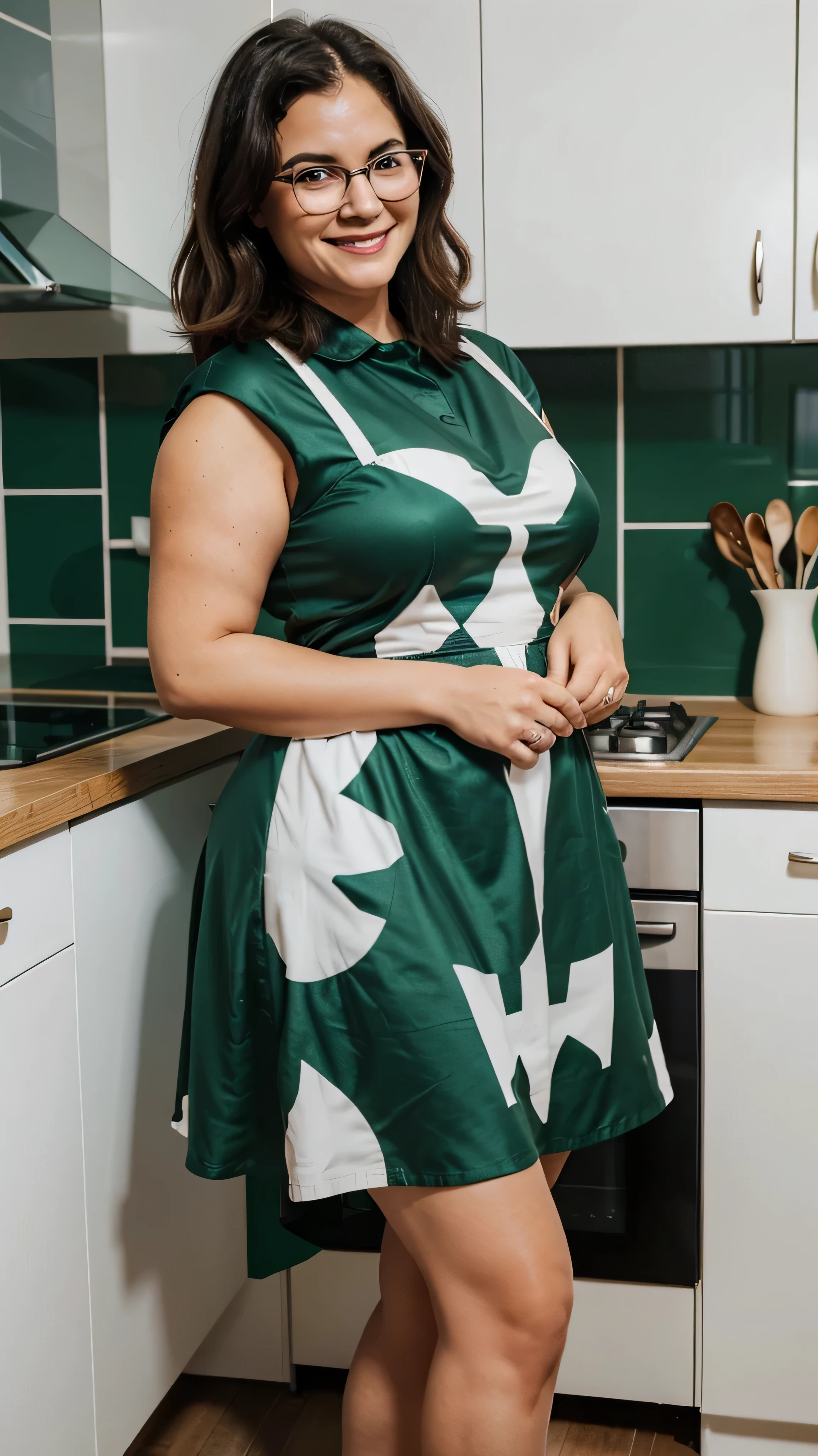 A beautiful and hot almost chubby mature woman.who is wearing a battery green retro dress with black and white shapes.  and standing in the kitchen of the house.  With a smiling face, wearing glasses