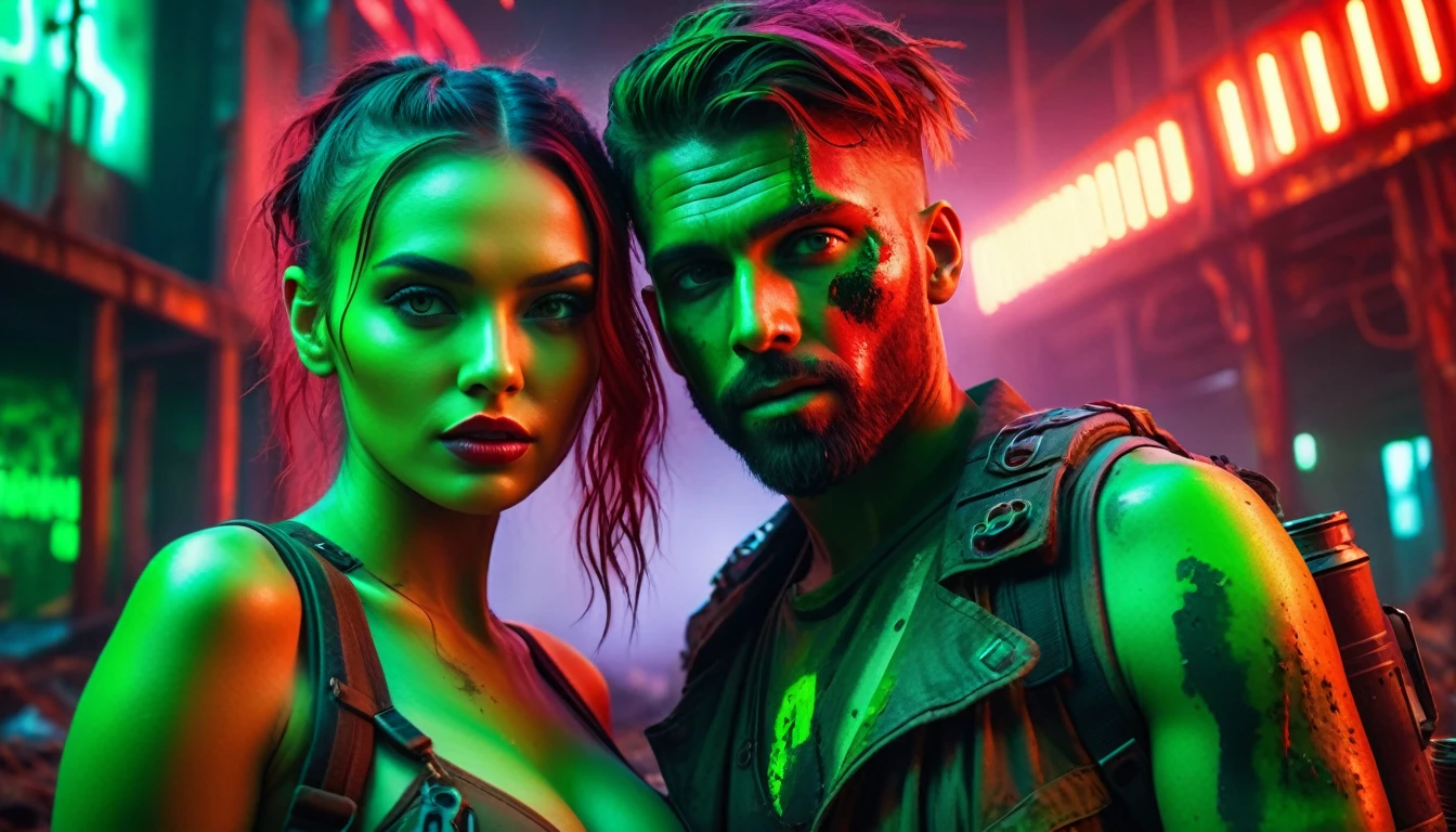A post-apocalyptic couple looking at the camera, celebrating and dancing, bright red and green colors, highly detailed, cinematic, dramatic lighting, photorealistic, 8k, best quality, masterpiece, intricate details, vibrant colors, dynamic composition, expressive poses, beautiful Faces, exquisite fashion, atmospheric atmosphere, dark and dirty, neon lights, (fortification rusty, toxic green waste, polluted, background), futuristic technology, environmental storytelling, perfect face and body, detailed faces