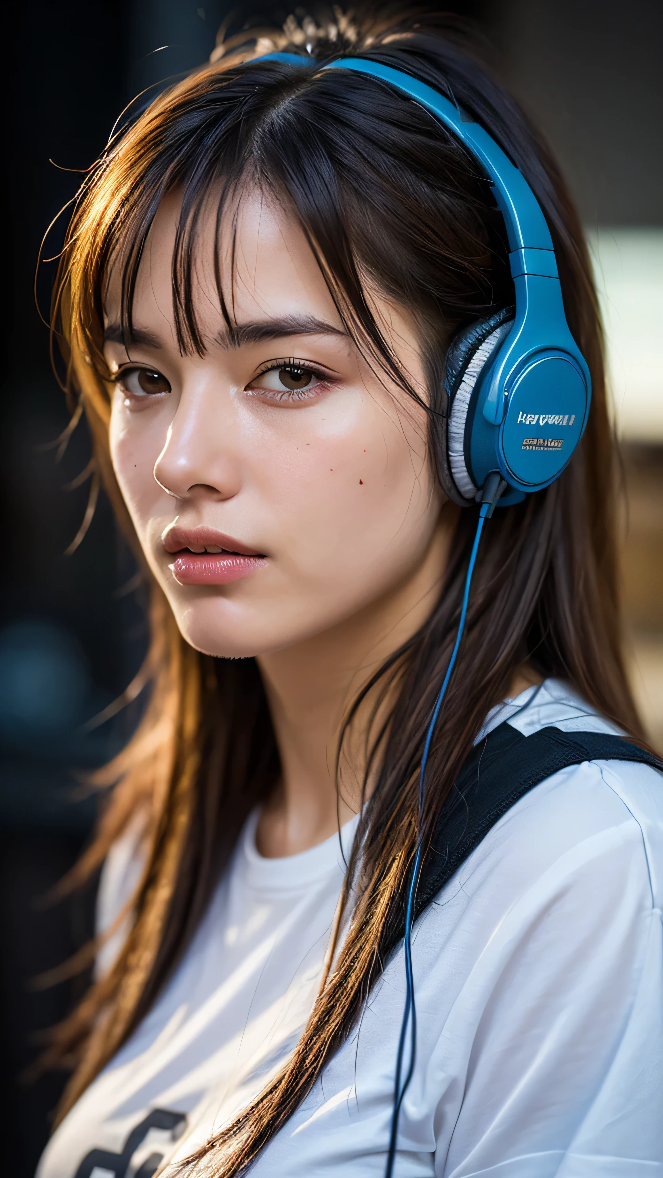Dressed, (photo Realistic:1.4), (hyper Realistic:1.4), (Realistic:1.3), (Smoother lighting:1.05), (Improving the lighting quality of movies:0.9), 32k, One girl,20 year old girl, Realistic lighting, Backlight, Light on the face, Ray-tracing, (Bright light:1.2), (Improvement of quality:1.4), (Highest quality real texture skins:1.4), Detailed drawn eyes, Detailed painted face, Quality Eyes, (Tired, sleepy and satisfied:0.0), Face close-up, T-shirt with headphones, (Enhance the mood of your body line:1.1), (Enhances the beauty of skin texture:1.1)