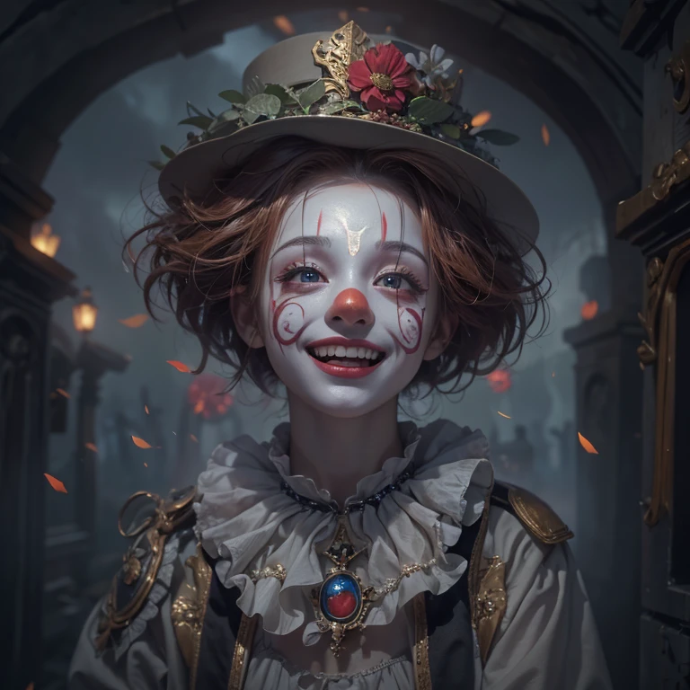 Hiding in the tomb、Hair flow、 ((Highest quality、masterpiece、8K、Best image quality、Ultra-high resolution、Award-winning works)、(Accurate anatomy:1.1)、(Look at me and smile:1.1)、Shining fair skin with Ultra-high resolution、The most detailed face、Ultra-high resolution detailed face、Ultra-high resolutionの髪の毛、(Ultra-high resolutionの煌めく瞳:1.1)、Beautiful face drawn in every detail、Cheerful clown costume, Chest to chest, tattoo,Strange atmosphere, Ghosts flow, Dark color makeup 