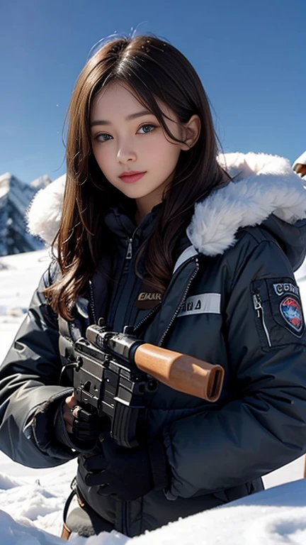A hermoso brunette soldier girl, vistiendo equipo militar de camuflaje de invierno, Plataforma portadora de placa de camuflaje, guantes de combate, AR-15, durante una tormenta de nieve,, hermoso, malhumorado lighting, Mejor calidad, retrato de cuerpo completo, imagen real, detalles intrincados, profundidad de campo, in a cold snow storm, , Fujifilm XT3, al aire libre, bright day, beautiful lighting, foto cruda, 8k UHD, film grain, Tonos oscuros, malhumorado
