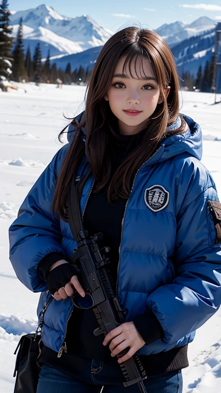 20-year-old woman, semi-long, Brown Hair, Blue Eyes, Fur jacket, Wear the hood deeply, Natural skin texture, Cold regions, High Contrast, Mountain dogs, nice smile, uniform, Mp5A5, SPAS12, Girls with firearms,
