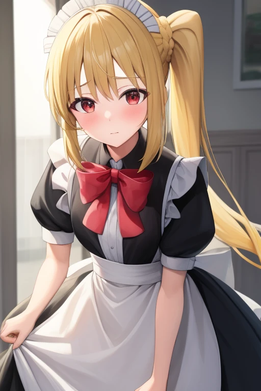 (masterpiece, highest quality:1.2), Blonde girl with red eyes,
 Side Ponytail, Full Bang,maid costume,leaning forward
,Embarrassed, School, 
Super detaileded, highest quality, Expressive eyes, Perfect Face, super high quality, Super detailed