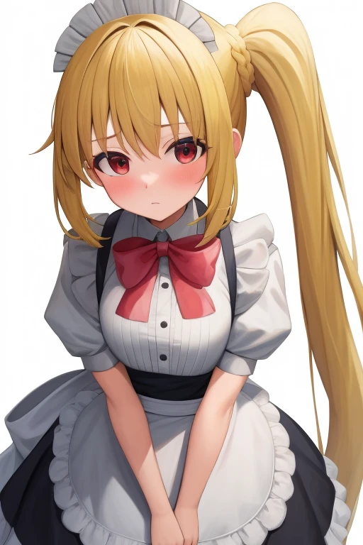 (masterpiece, highest quality:1.2), Blonde girl with red eyes,
Side Ponytail, Full Bang,maid costume,leaning forward
,Embarrassed, School,
Super detaileded, highest quality, Expressive eyes, Perfect Face, super high quality, Super detailed