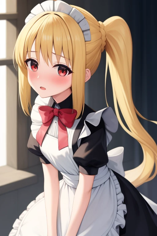 (masterpiece, highest quality:1.2), Blonde girl with red eyes,
Side Ponytail, Full Bang,maid costume,leaning forward
,Embarrassed, School,
Super detaileded, highest quality, Expressive eyes, Perfect Face, super high quality, Super detailed