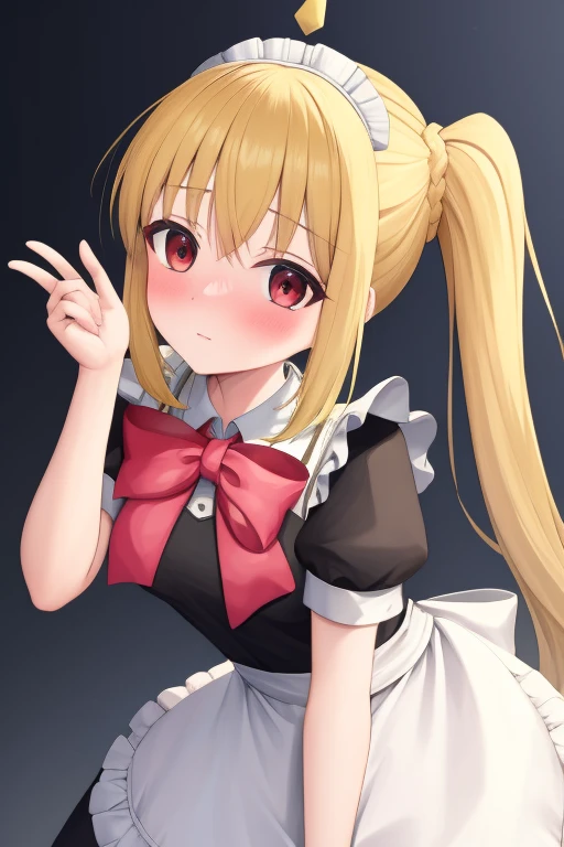 (masterpiece, highest quality:1.2), Blonde girl with red eyes,
Side Ponytail, Full Bang,maid costume,leaning forward
,Embarrassed, School,
Super detaileded, highest quality, Expressive eyes, Perfect Face, super high quality, Super detailed
