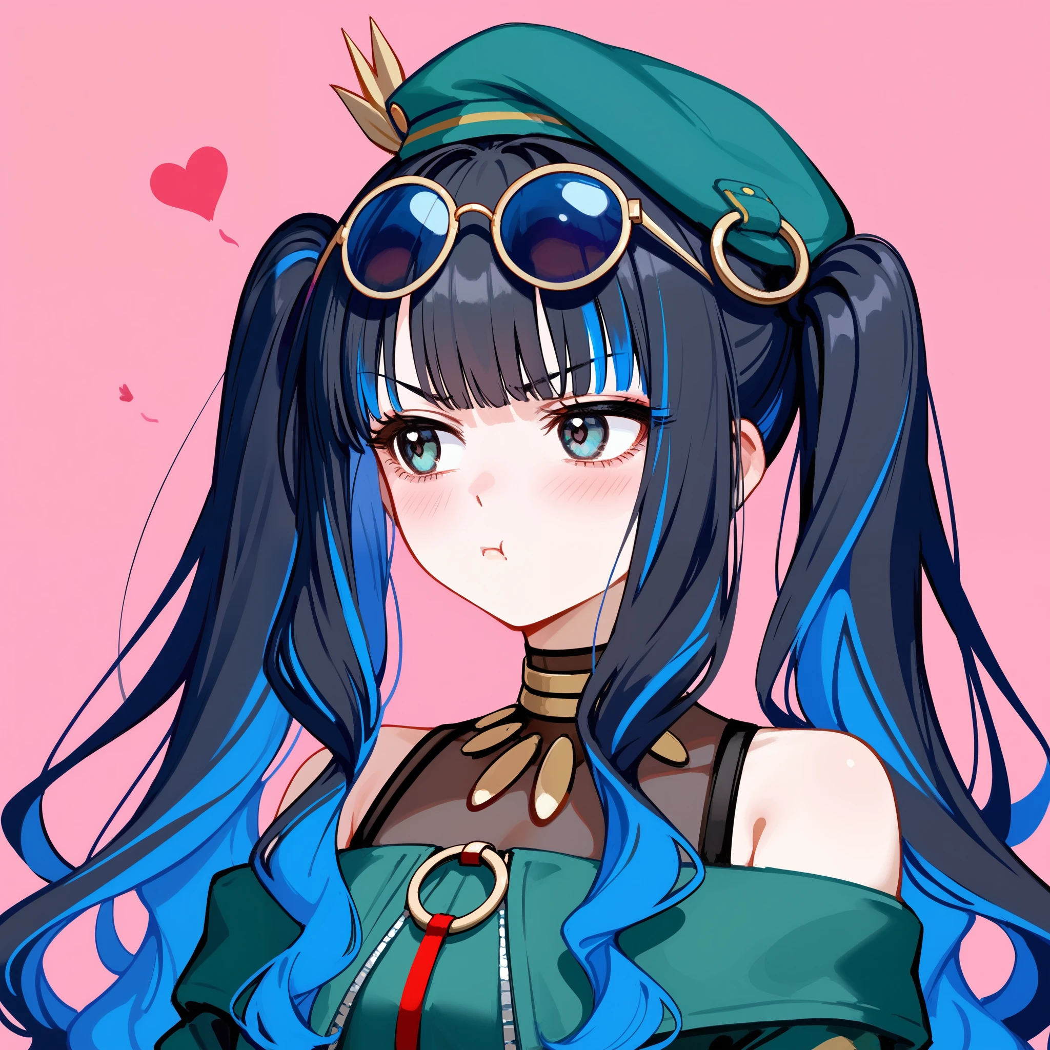 1girl, long hair, (twintails), portrait, multicolored hair, black hair, sidelocks, blue hair, wavy hair, eyeliner, jewelry, beret, o-ring, neck ring, buttons, round sunglasses, glasses on head, bracelet, bare shoulders, green jacket, off shoulder, zipper, annoyed, tsundere, looking away, pink background, hearts, masterpiece, score_9, score_8_up, score_7_up