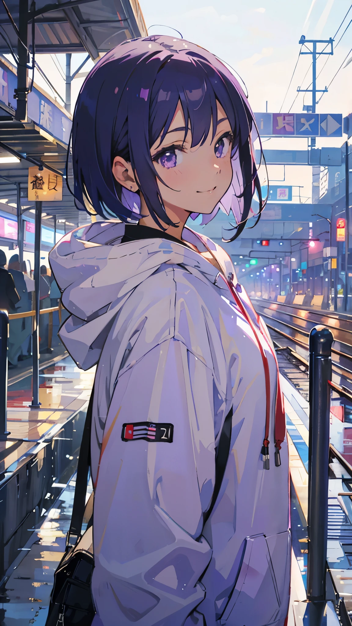 1 Girl、Anime-style paintings、Purple short bob cut、Straight Hair、Purple Eyes、smile、Upper body close-up、From the side、Wearing a white hoodie、Railway station background