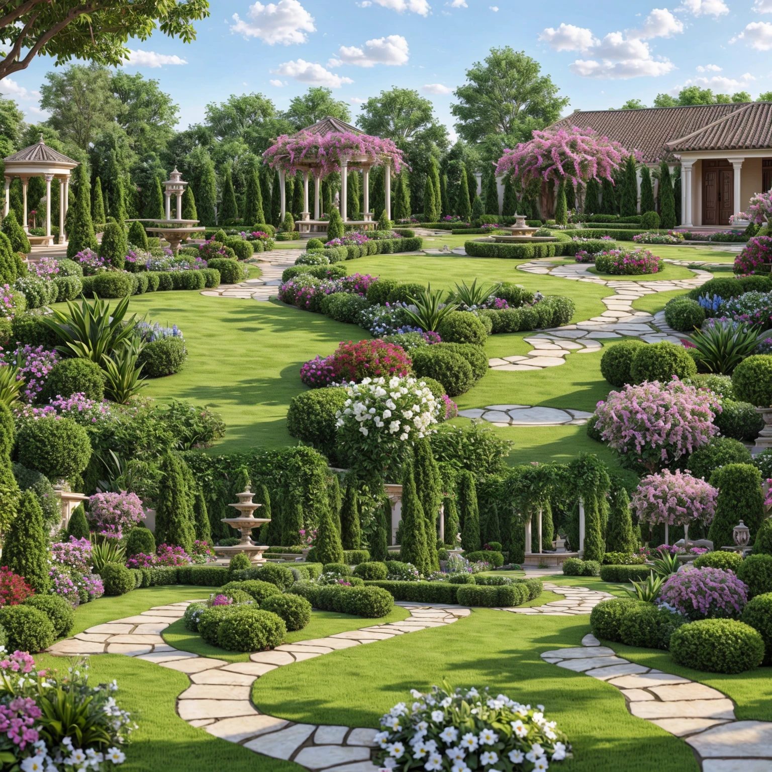 (masterpiece),(high quality), best quality, real,(realistic:1.5, hyper detail:1.6 ), super detailed, (full detail),(4k),8k,garden, landscape design:1.3 , layout formal garden design