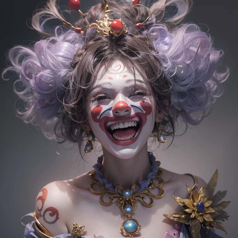 Hiding in the tomb、Hair flow、 ((highest quality、masterpiece、8k、Best image quality、Ultra-high resolution、Award-winning works)、(Accurate anatomy:1.1)、(Look at me and smile:1.1)、Shining fair skin with Ultra-high resolution、The most detailed face、Ultra-high resolution detailed face、Ultra-high resolutionの髪の毛、(Ultra-high resolutionの煌めく瞳:1.1)、Beautiful face drawn in every detail、Cheerful clown costume, Chest to chest, tattoo,Strange atmosphere, Ghosts flow 