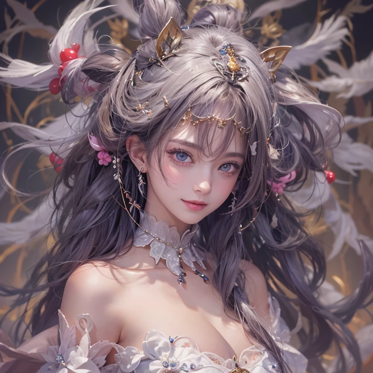 (masterpiece, best quality), Mobile_Legends_Odette, blunt_bangs, pink_eyes, Silver_hair, smile, (fangs)
