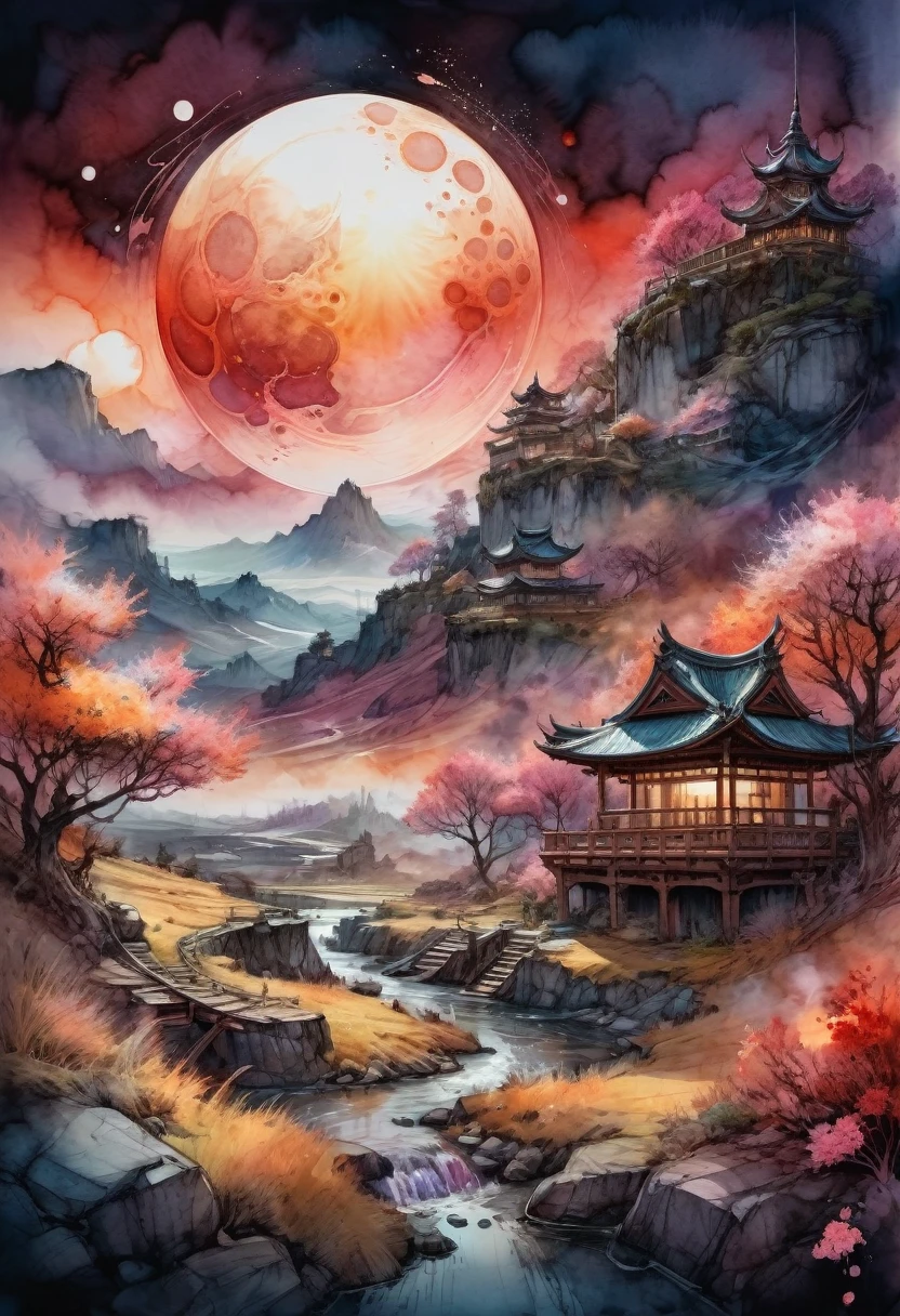 Watercolor Landscape, bloodmoon watercolor vibrant colors, landscape, bloodmoon Digital watercolor Illustration of a summerscape sunset, by JB, Waterhouse, Carne Griffiths, Minjae Lee, Ana Paula Hoppe, Stylized watercolor art, Intricate, Complex contrast, HDR, Sharp, soft Cinematic Volumetric lighting, flowery pastel colours, wide long shot, perfect masterpiece, detailed matte painting, deep color, fantastical, intricate detail, splash screen, complementary colors, fantasy concept art, 8k resolution trending on Artstation Unreal Engine 5, traditional media,watercolor \(medium\),pencil \(medium\),paper \(medium\),painting \(medium\),