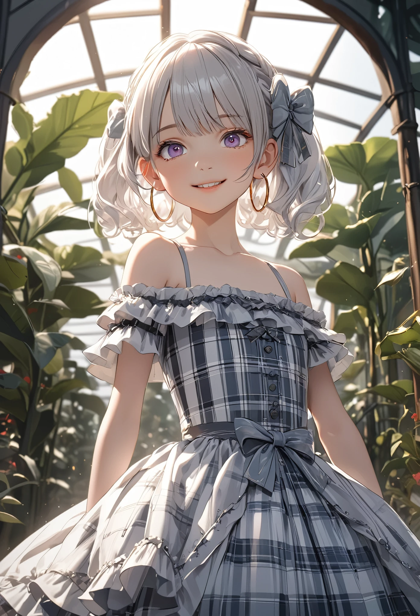 ((Masterpiece)), (Anime:1.5), ((best quality)), (super detail:1.2), (High Definition:1.3), (High Definition:1.3), (Professional Photography:1.2), ((from front)), (()), cinematic lighting, cute teenage girl, Plaid dress, (Off-Shoulder dress), hoop dress, bow, (lolita fashion), pale silver hair, (Vibrant Pose), exposed bare shoulder and arms, lolita style, ((Only eyes turn to the right)), cute smile, open mouth, pretty, portrait of lolita girl, emo style, red checker, (against the giant greenhouse), ribbon belt, (sharp focus), (perfect light),