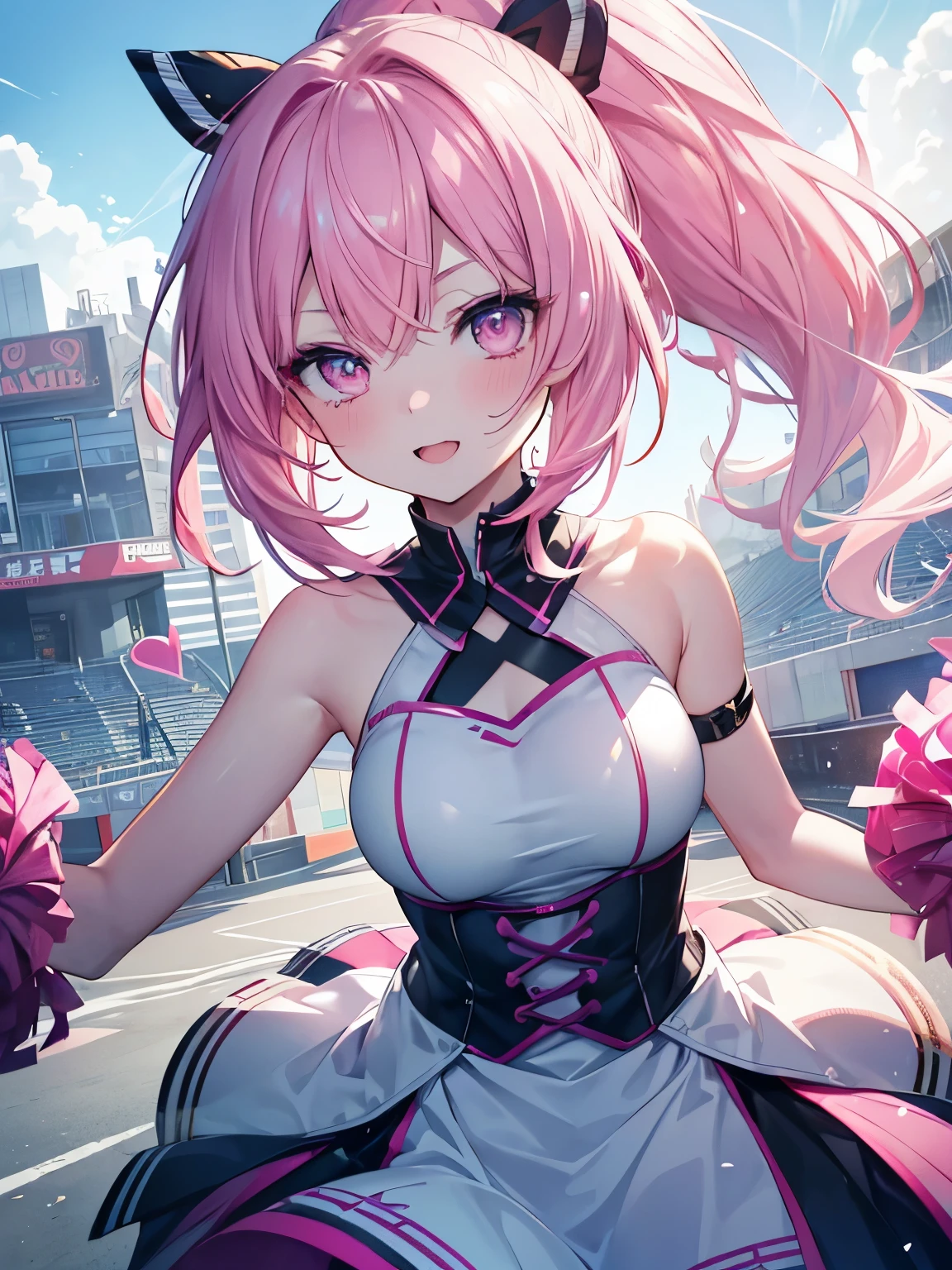 masutepiece, Highest Quality, (Perfect face:1.1), (high detailing:1.1), (ultradetailed eyes), Dramatic, superfine illustration, Extremely detailed,1girl in, teenager,(pale skin), Happy, Laugh, Enjoy, pinkhair, ponytail,gloweyes,pink eyes,Ethereal eyes, with heart-shaped eyes,wink,open mouth,smile,Solo,Pouty lips,Cinematic lighting,cowboy shot,looking at viewer, cheerleader,outdoor,bluesky,sunny
